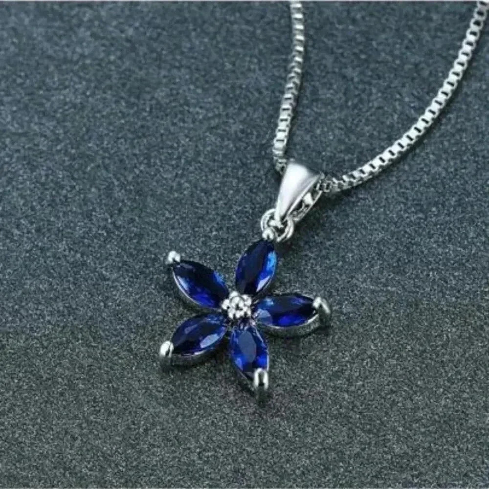 Sterling Silver 925 Blue Sapphire Flower Pendant Necklace - Picture 3 of 5